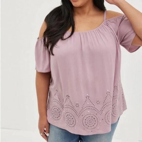 TORRID Women’s Plus 3X Cold Shoulder Eyelet Sequin Blouse Top NWT Light Purple - Picture 2 of 15